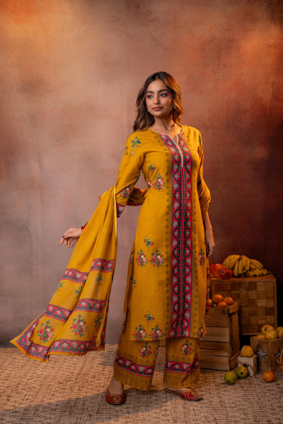 Elegant Mustard Floral Straight Kurta Set with Dupatta