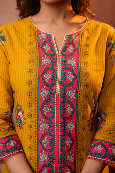 Elegant Mustard Floral Straight Kurta Set with Dupatta