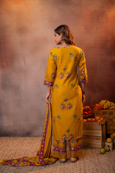 Elegant Mustard Floral Straight Kurta Set with Dupatta