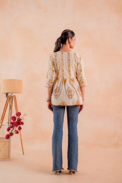 Beige Printed Flared Ethnic Tunic with Button Placket