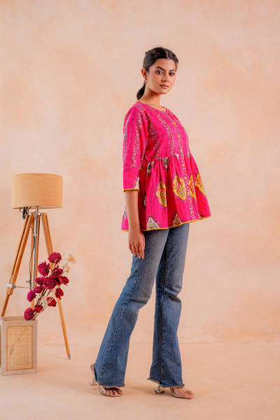 Fuchsia Printed Flared Ethnic Tunic with Button Placket