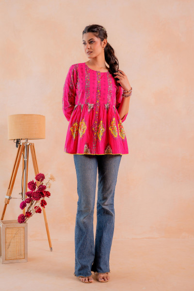 Fuchsia Printed Flared Ethnic Tunic with Button Placket