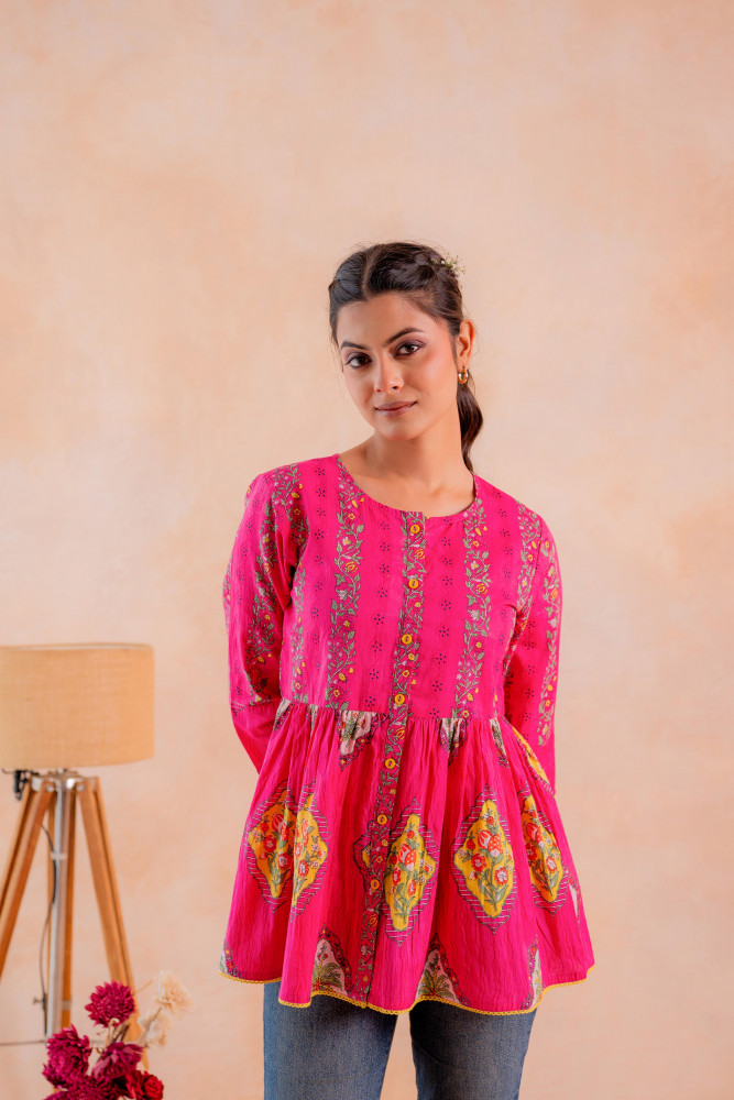 Fuchsia Printed Flared Ethnic Tunic with Button Placket
