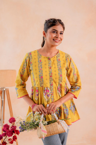 Mustard Printed Flared Ethnic Tunic with Button Placket