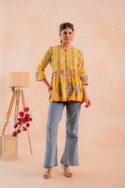 Mustard Printed Flared Ethnic Tunic with Button Placket