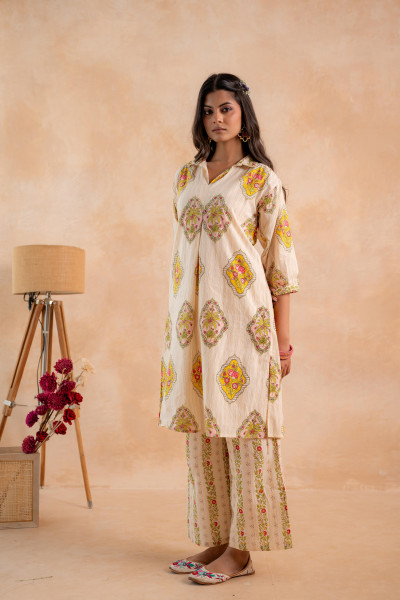 Beige Heritage Print Kurta And Pant Set