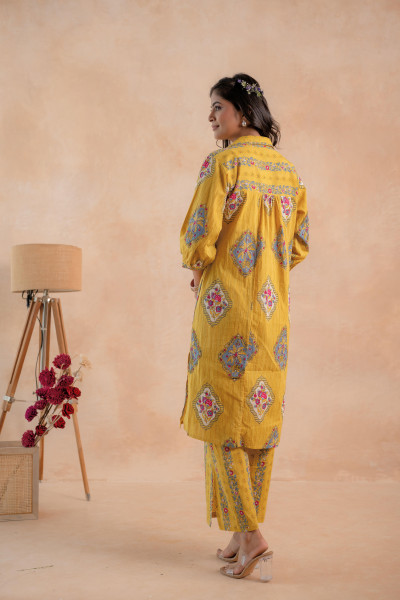 Mustard Heritage Print Kurta And Pant Set