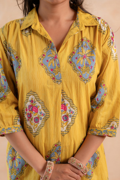 Mustard Heritage Print Kurta And Pant Set