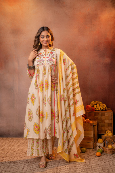 Graceful Beige Floral Anarkali Kurta Set with Dupatta