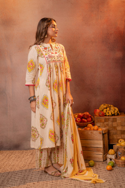 Graceful Beige Floral Anarkali Kurta Set with Dupatta