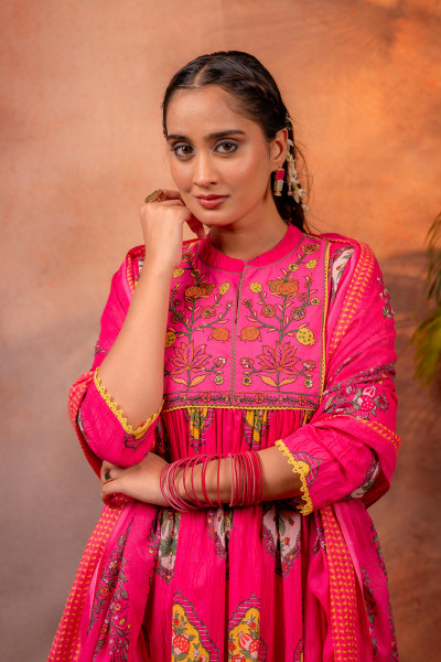 Graceful Fuchsia Floral Anarkali Kurta Set with Dupatta