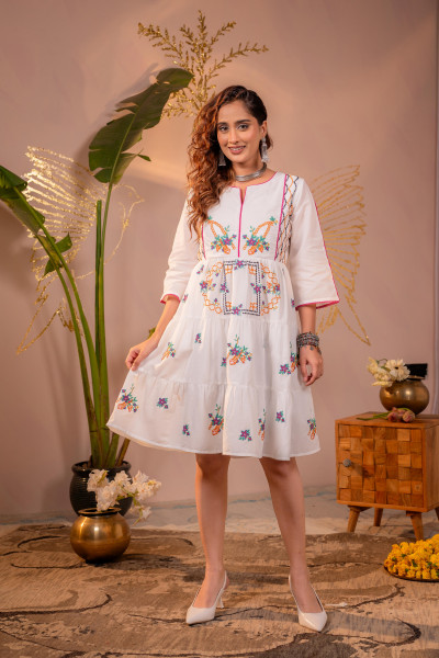 White Bohemian Embroidered Tiered Short Dress