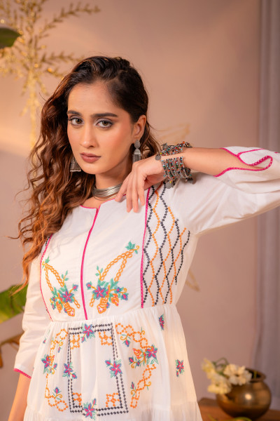 White Bohemian Embroidered Tiered Short Dress