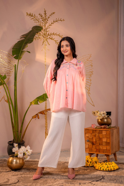 Onion Pink Printed Gathered Shirt