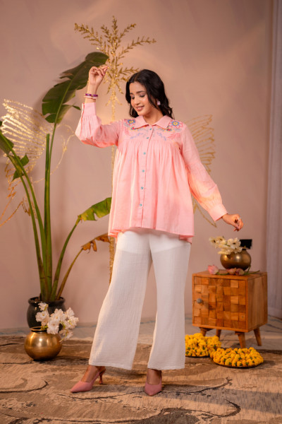 Onion Pink Printed Gathered Shirt