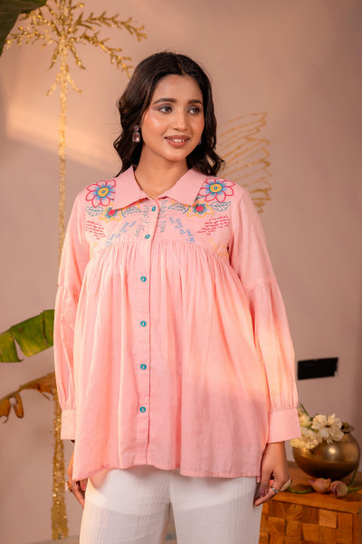 Onion Pink Printed Gathered Shirt