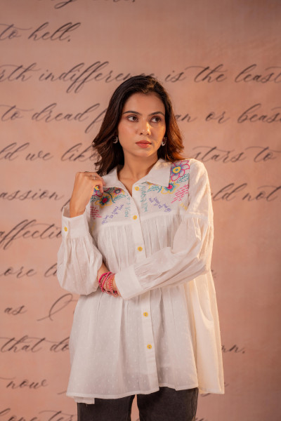 White Printed Gathered Shirt