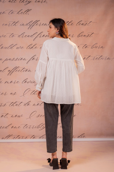 White Printed Gathered Shirt