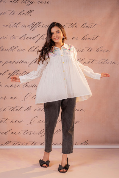 White Printed Gathered Shirt