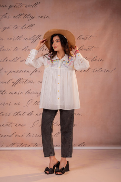 White Printed Gathered Shirt