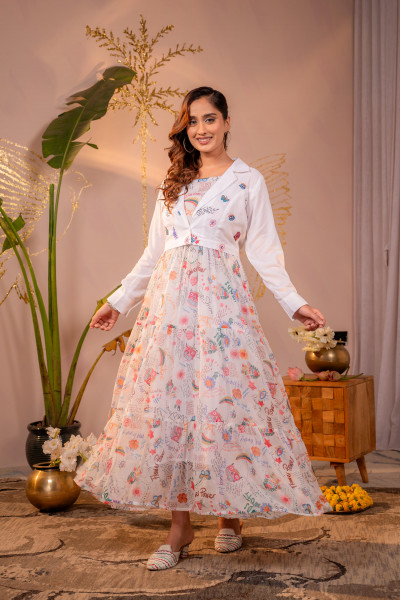Ivory Whimsical Printed Maxi Dress with Cropped Jacket