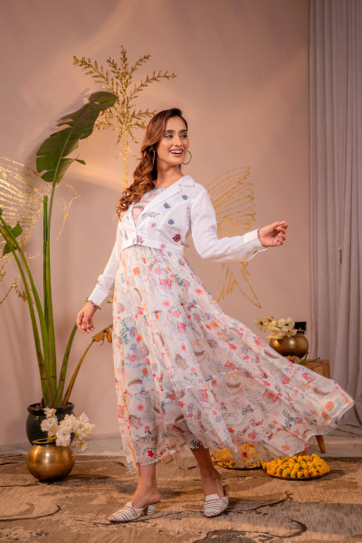 Ivory Whimsical Printed Maxi Dress with Cropped Jacket