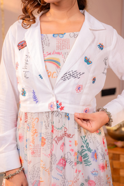 Ivory Whimsical Printed Maxi Dress with Cropped Jacket