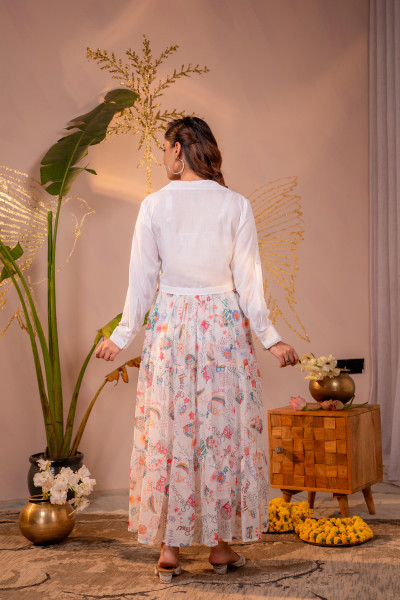 Ivory Whimsical Printed Maxi Dress with Cropped Jacket