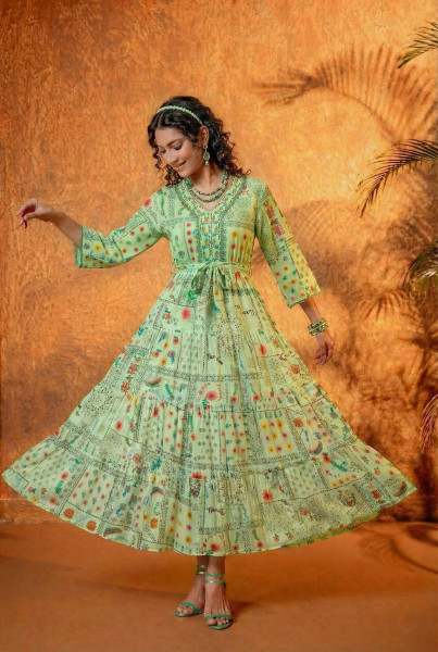 Mint Green Floral Folk Printed Tiered Maxi Dress