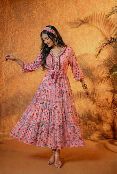 Onion Pink Floral Folk Printed Tiered Maxi Dress