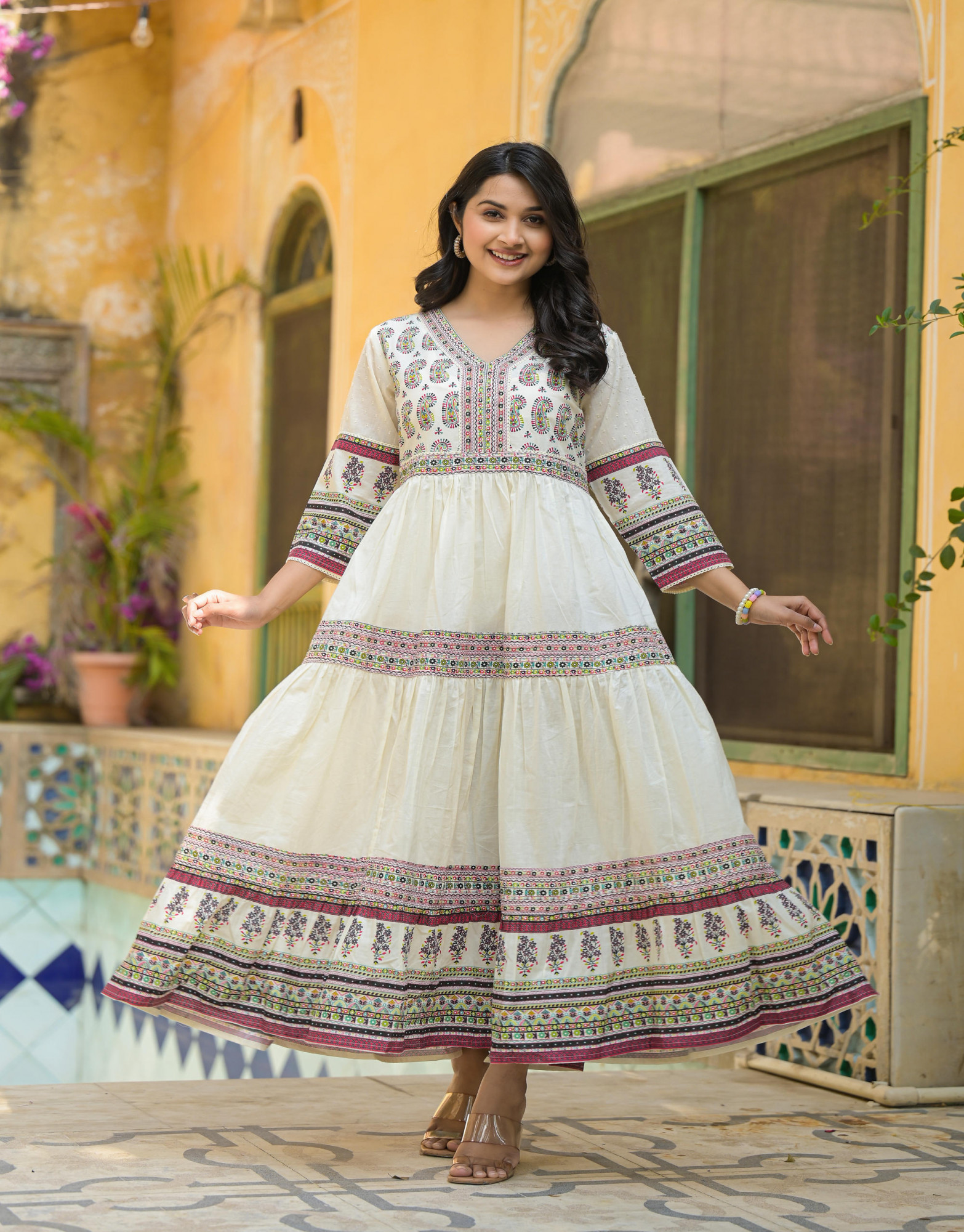 White Ethnic Motif Printed Cotton Long Dress With Thread & Mirror Work