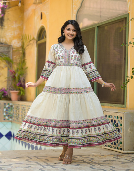 White Ethnic Motif Printed Cotton Long Dress With Thread & Mirror Work