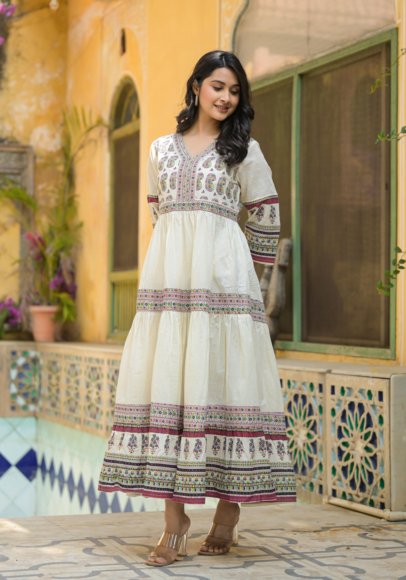 White Ethnic Motif Printed Cotton Long Dress With Thread & Mirror Work
