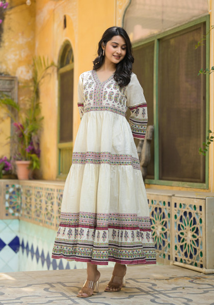 White Ethnic Motif Printed Cotton Long Dress With Thread & Mirror Work
