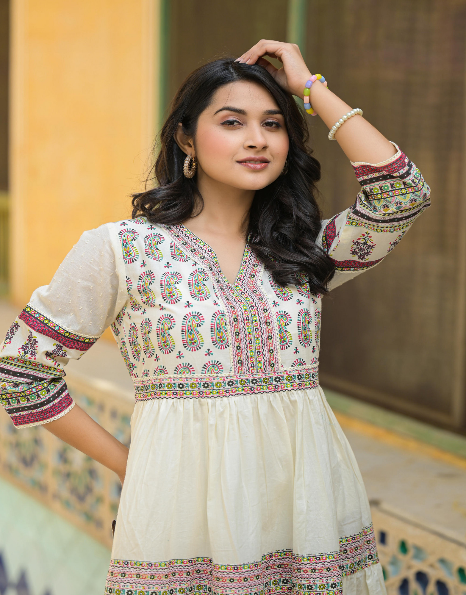 White Ethnic Motif Printed Cotton Long Dress With Thread & Mirror Work