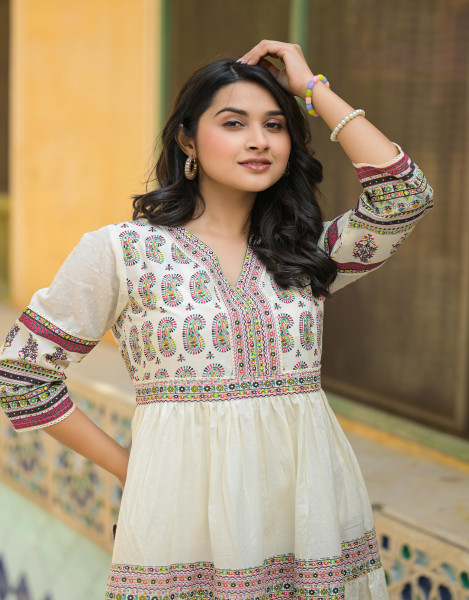 White Ethnic Motif Printed Cotton Long Dress With Thread & Mirror Work