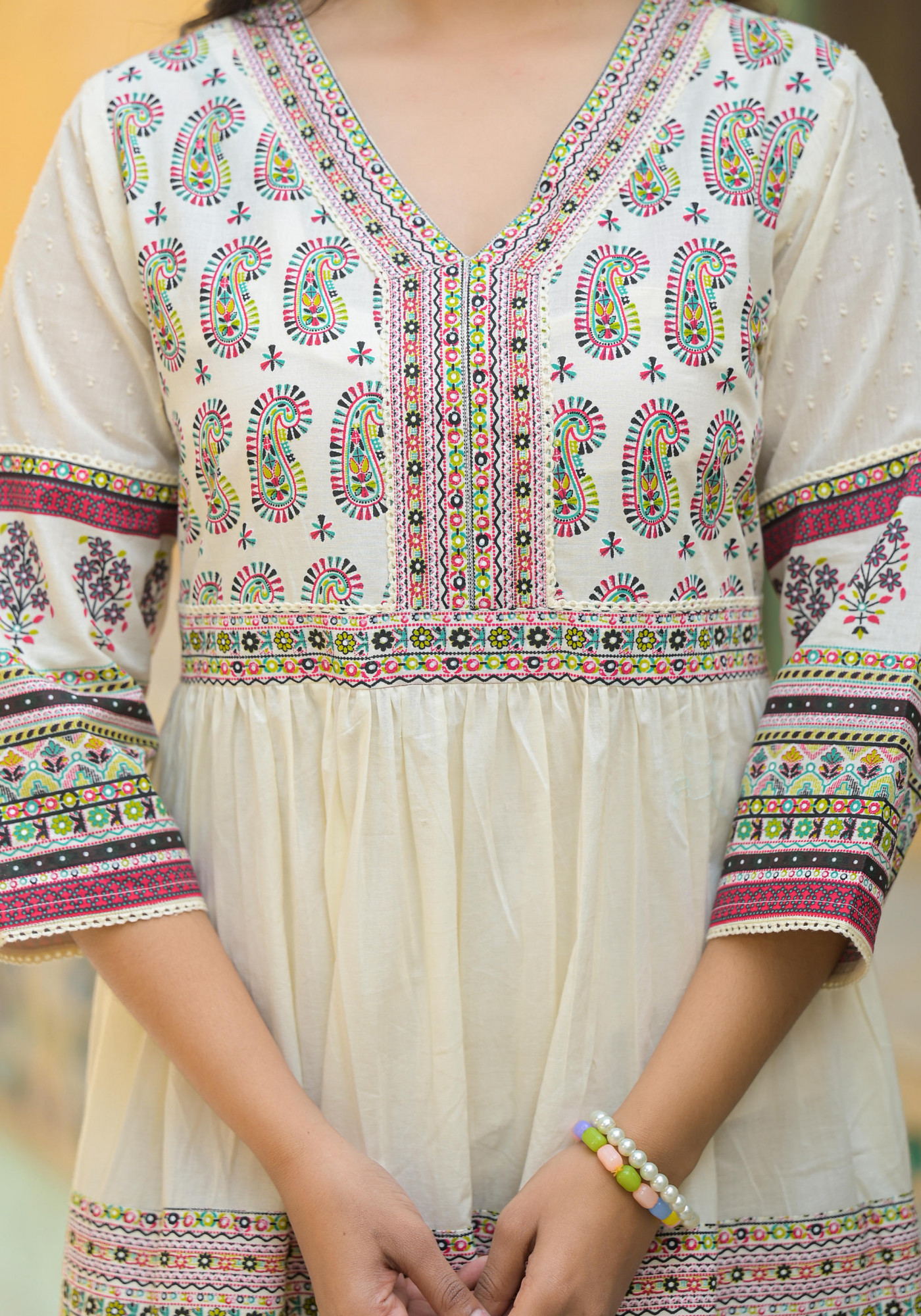 White Ethnic Motif Printed Cotton Long Dress With Thread & Mirror Work