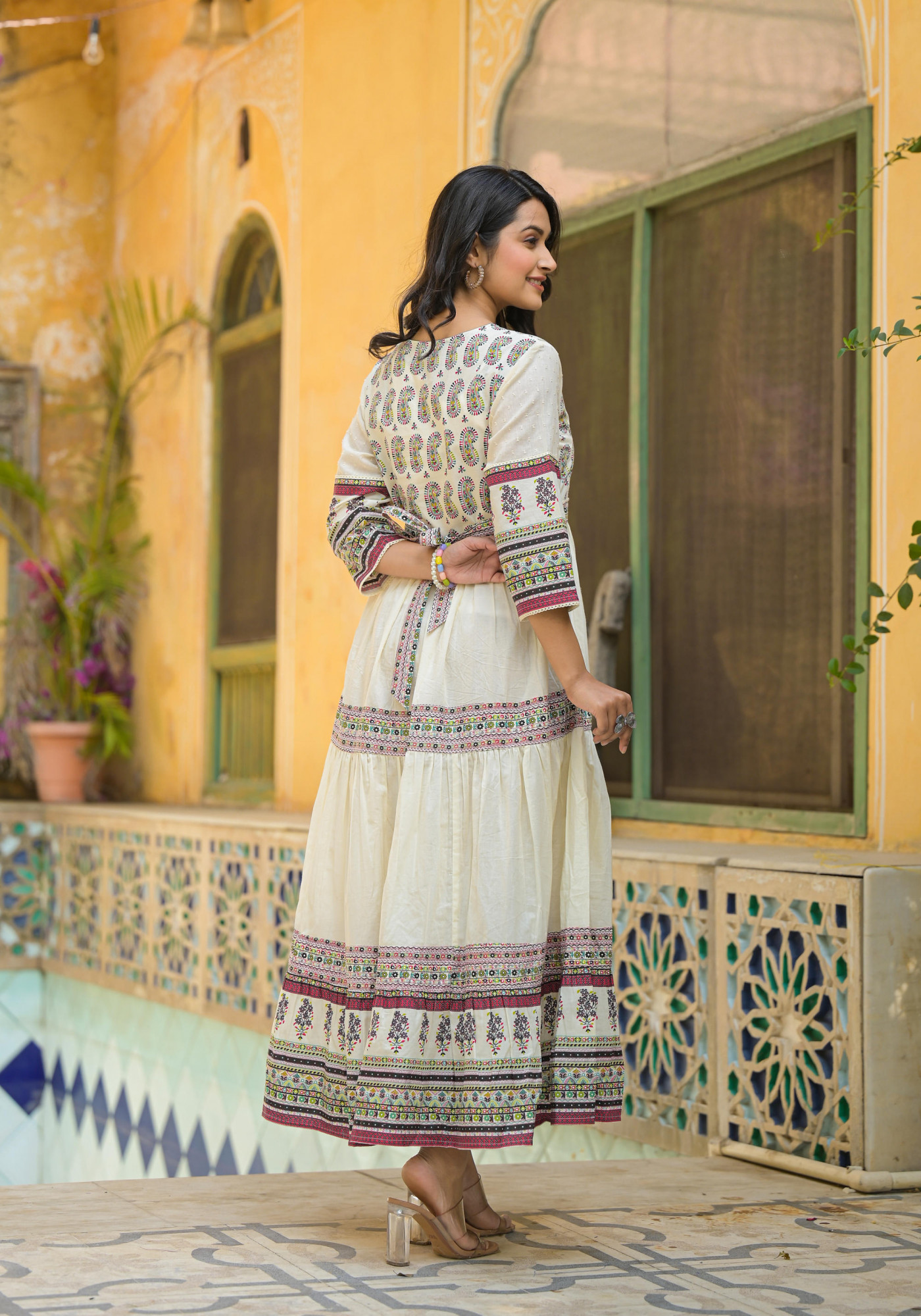 White Ethnic Motif Printed Cotton Long Dress With Thread & Mirror Work