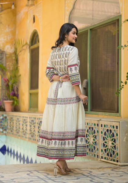 White Ethnic Motif Printed Cotton Long Dress With Thread & Mirror Work