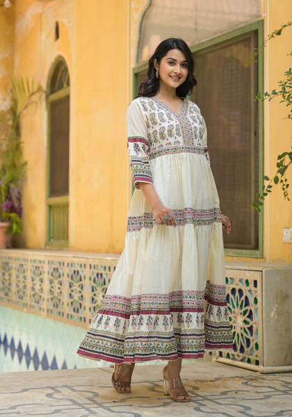 White Ethnic Motif Printed Cotton Long Dress With Thread & Mirror Work