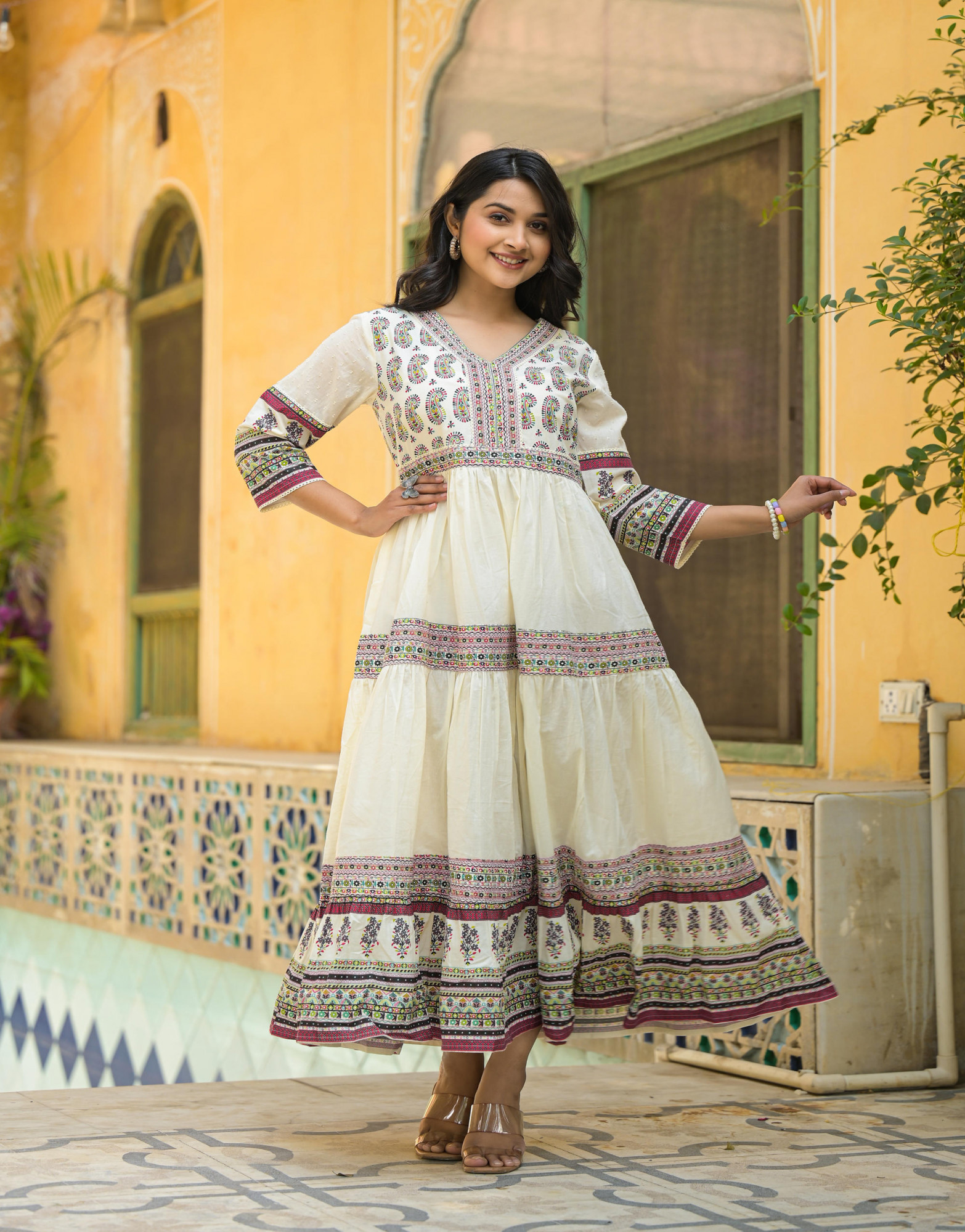 White Ethnic Motif Printed Cotton Long Dress With Thread & Mirror Work