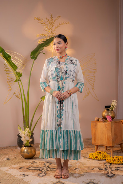 Teal Off-White Layered Jacket Dress