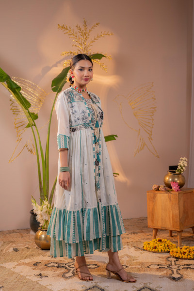 Teal Off-White Layered Jacket Dress