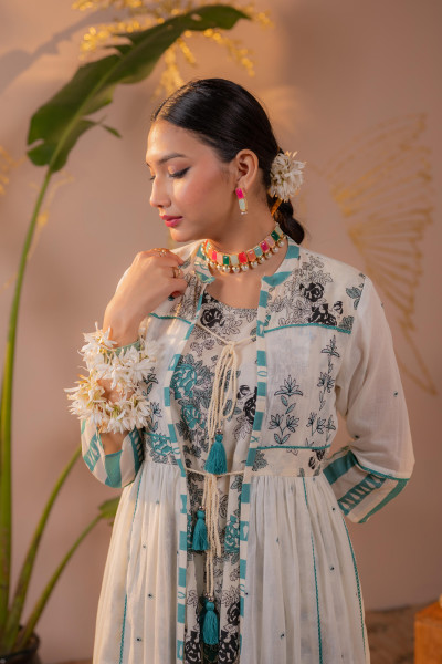 Teal Off-White Layered Jacket Dress