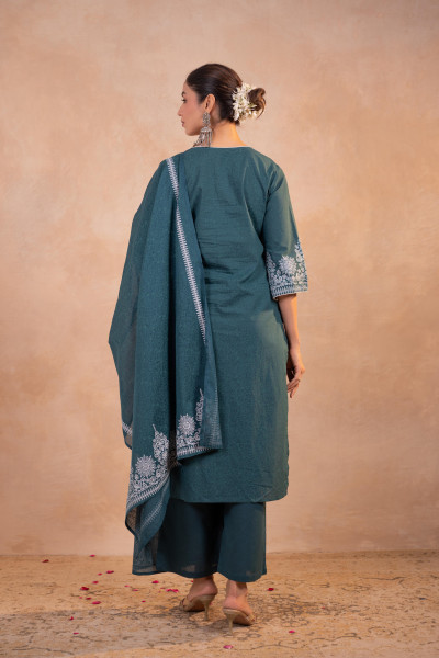 Teal  Printed Kurta Pant And Dupatta Set