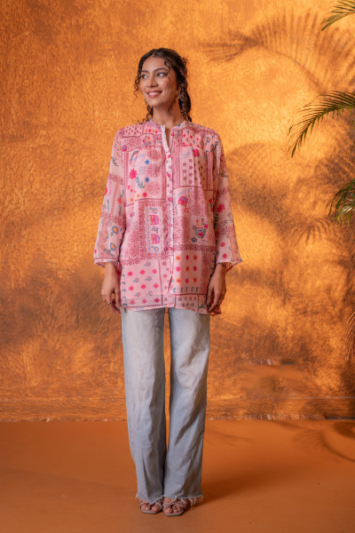 Onion Pink Patchwork Printed Boho Shirt