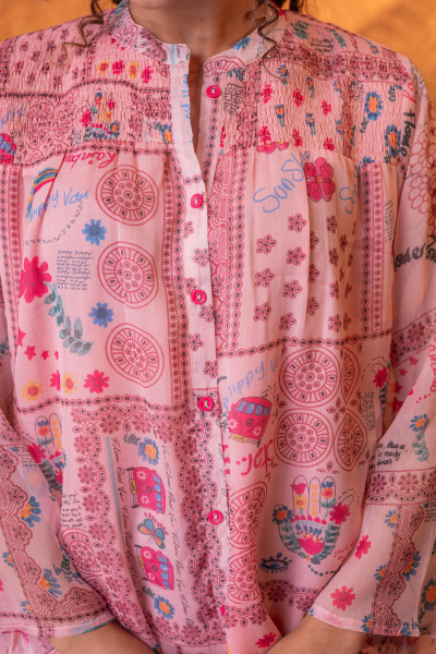 Onion Pink Patchwork Printed Boho Shirt
