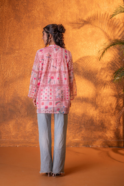Onion Pink Patchwork Printed Boho Shirt