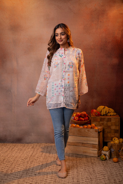 White  Patchwork Printed Boho Shirt