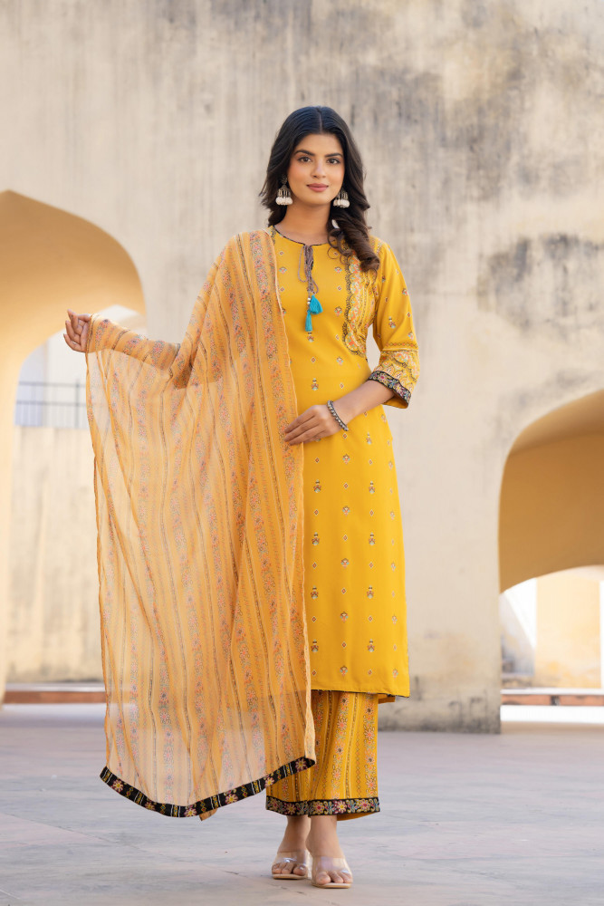 Mustard Ethnic Motif Printed Viscose Kurta Pant And Dupatta Set With Doris &amp; Tassels